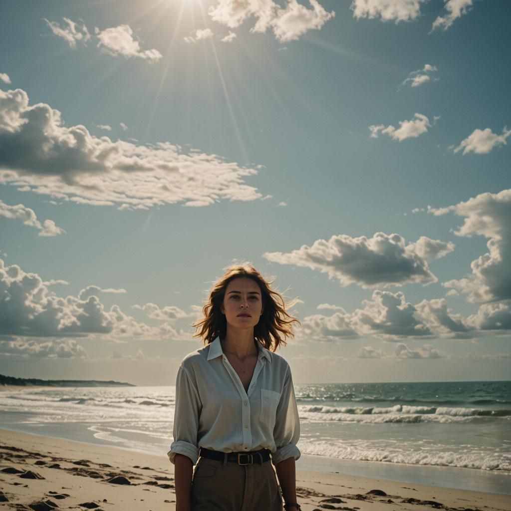 Woman on a Beach in Cinematic Film Style