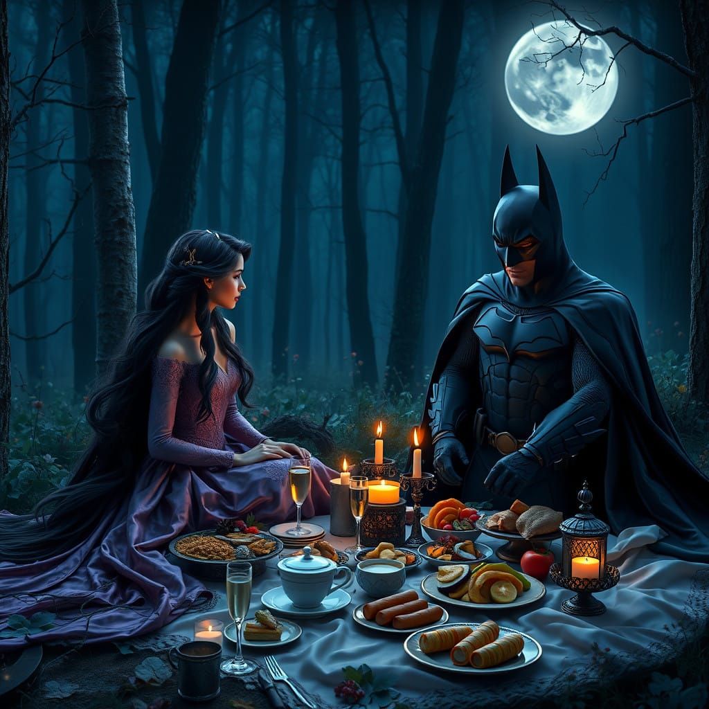 Elegant Rapunzel Meets Mysterious Batman in Mystical Moonlit...