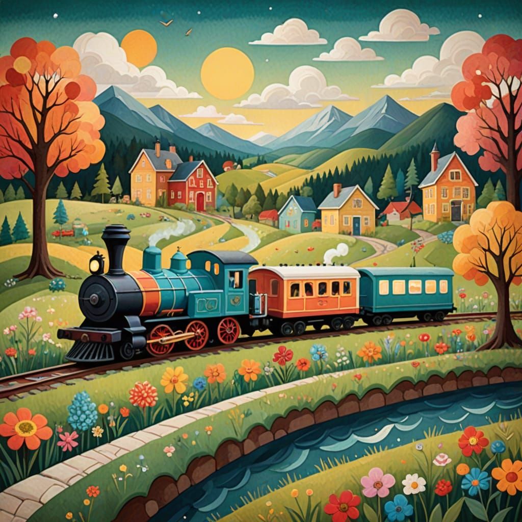 Whimsical Quilt Train in Fantastical Landscape