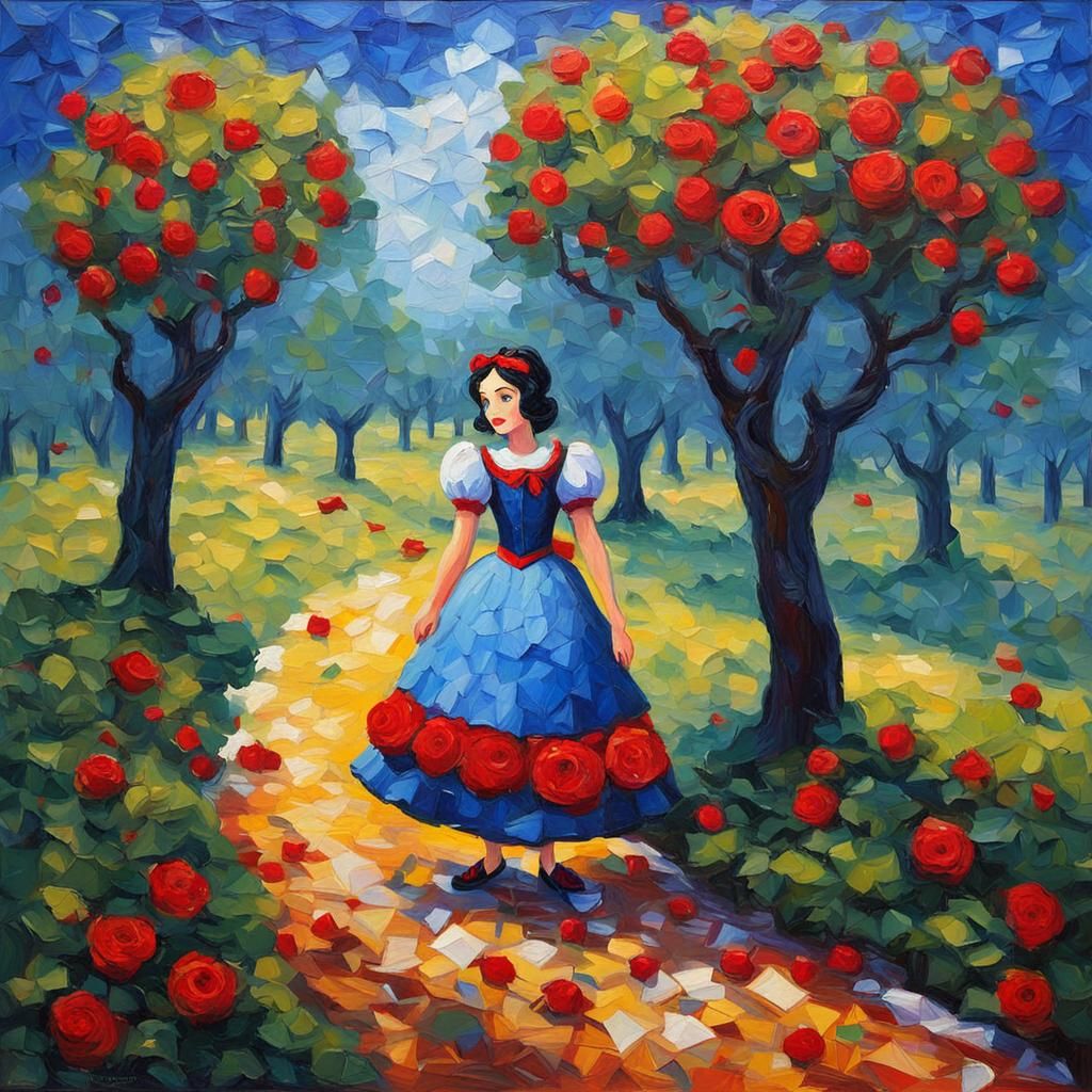 Snow White in Orchard: a Neo-Impressionistic Painting