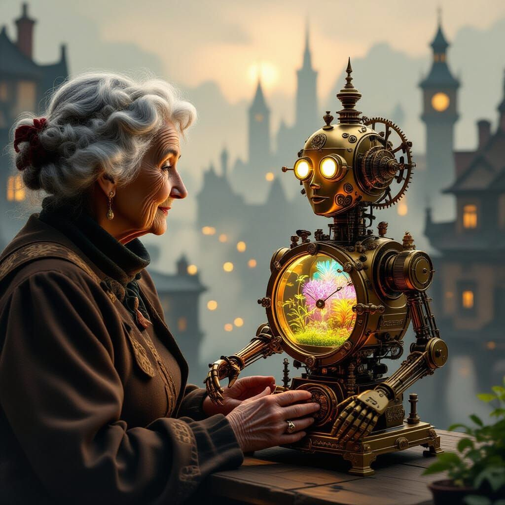Old Woman Gazes at Steampunk Automaton with Digital Garden