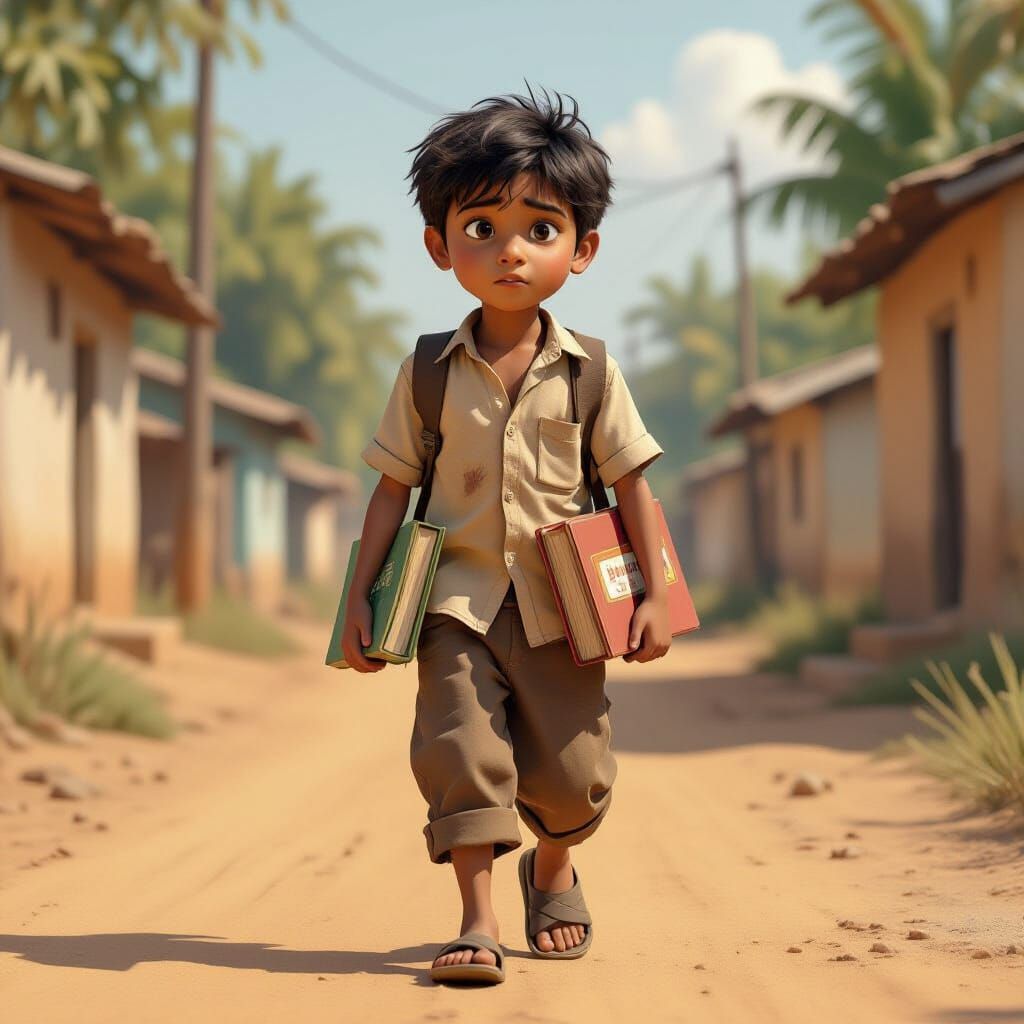 Indian Village Boy with Books: 3D Rendered Art