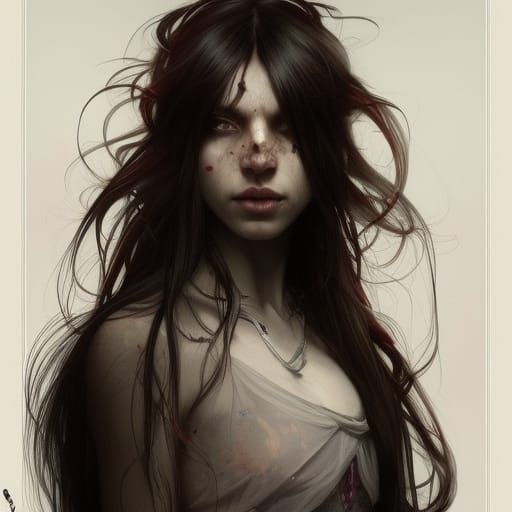 Woman's Portrait with Blood and Wolfcut Hair