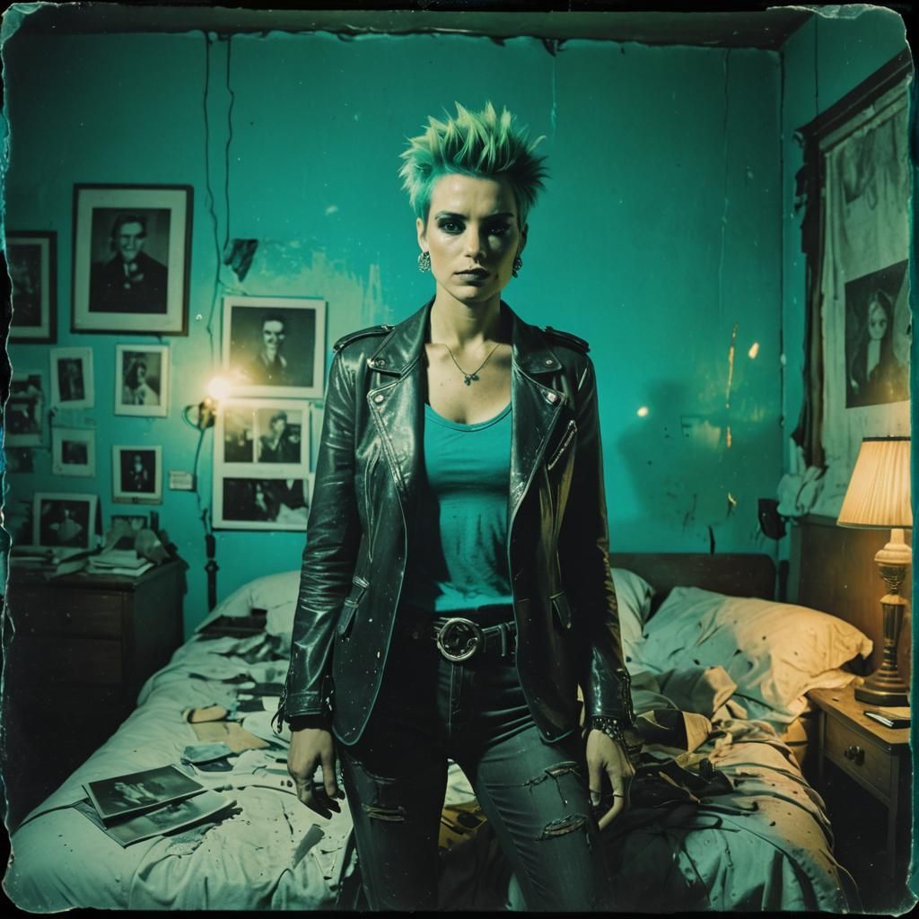 Turquoise Punk Woman in Polaroid Style