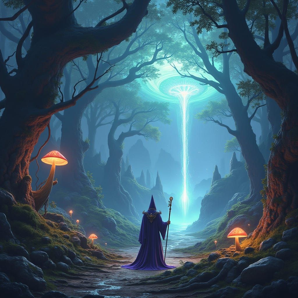 Ancient Wizard Stands at the Threshold of a Glowing Portal