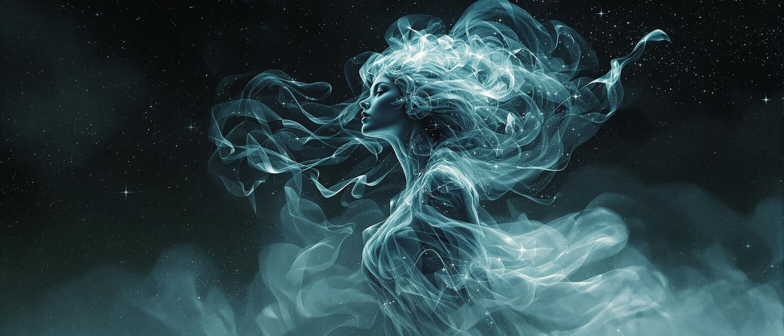 Ethereal Woman of Smoky Light in Celestial Night