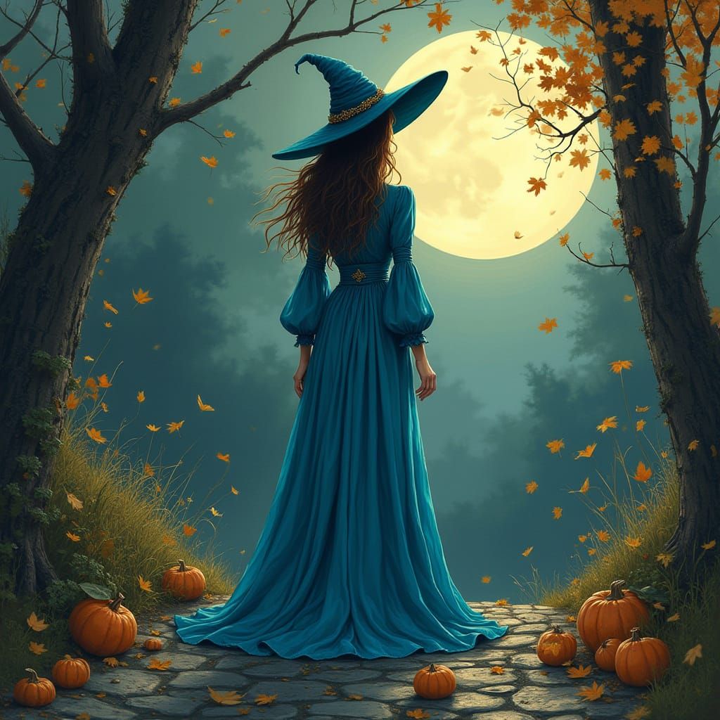 Enchanted Halloween Witch in Emerald Blue Gown
