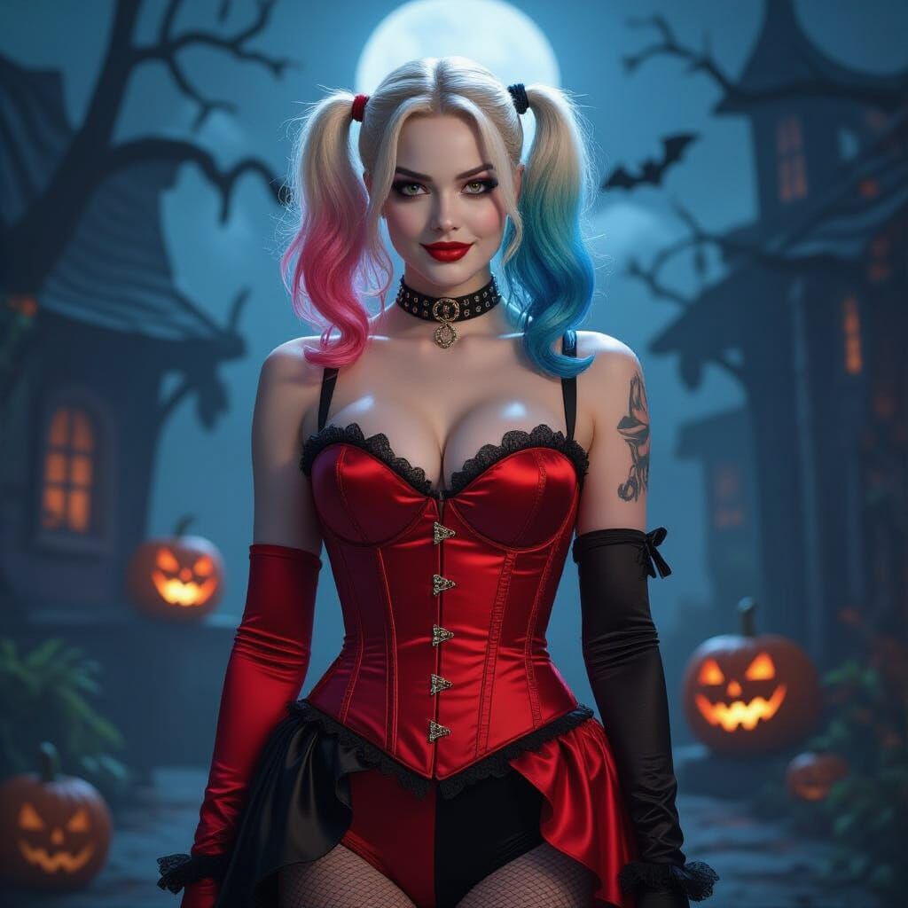 Harley Quinn in Satin Corset at Spooky Halloween Party
