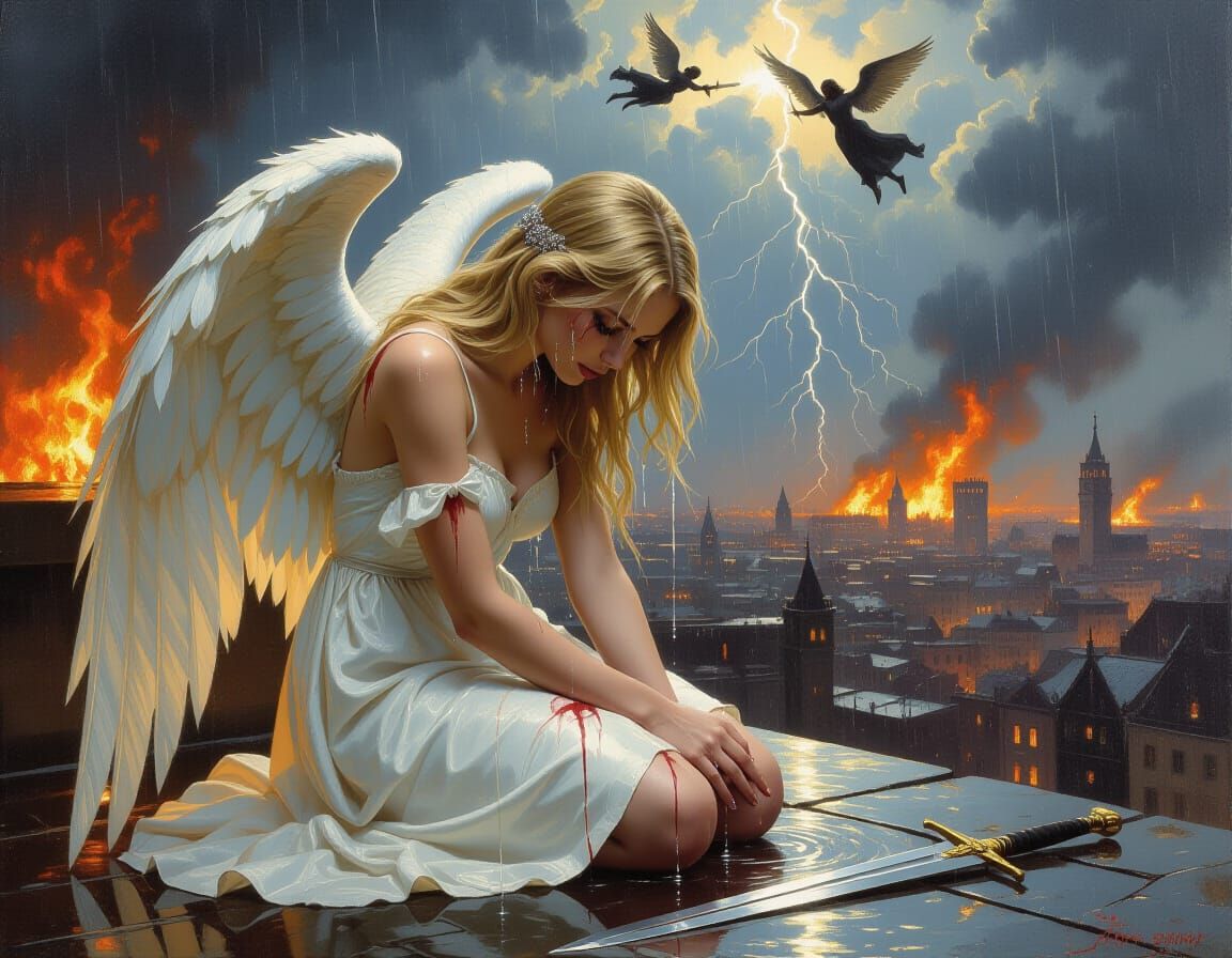 Angel in Battle Oil Painting