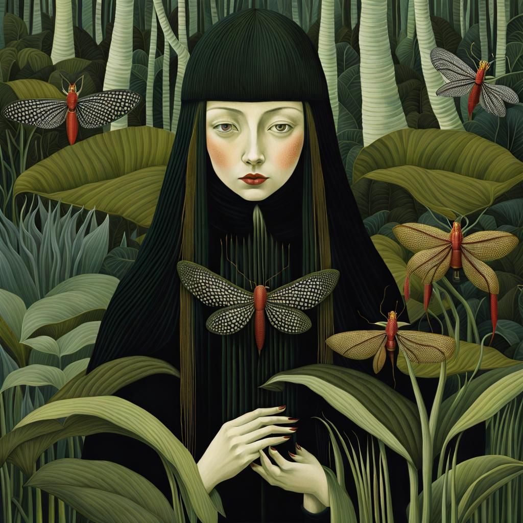 Surreal Woman with Fly Magnet Flower in Digital Art