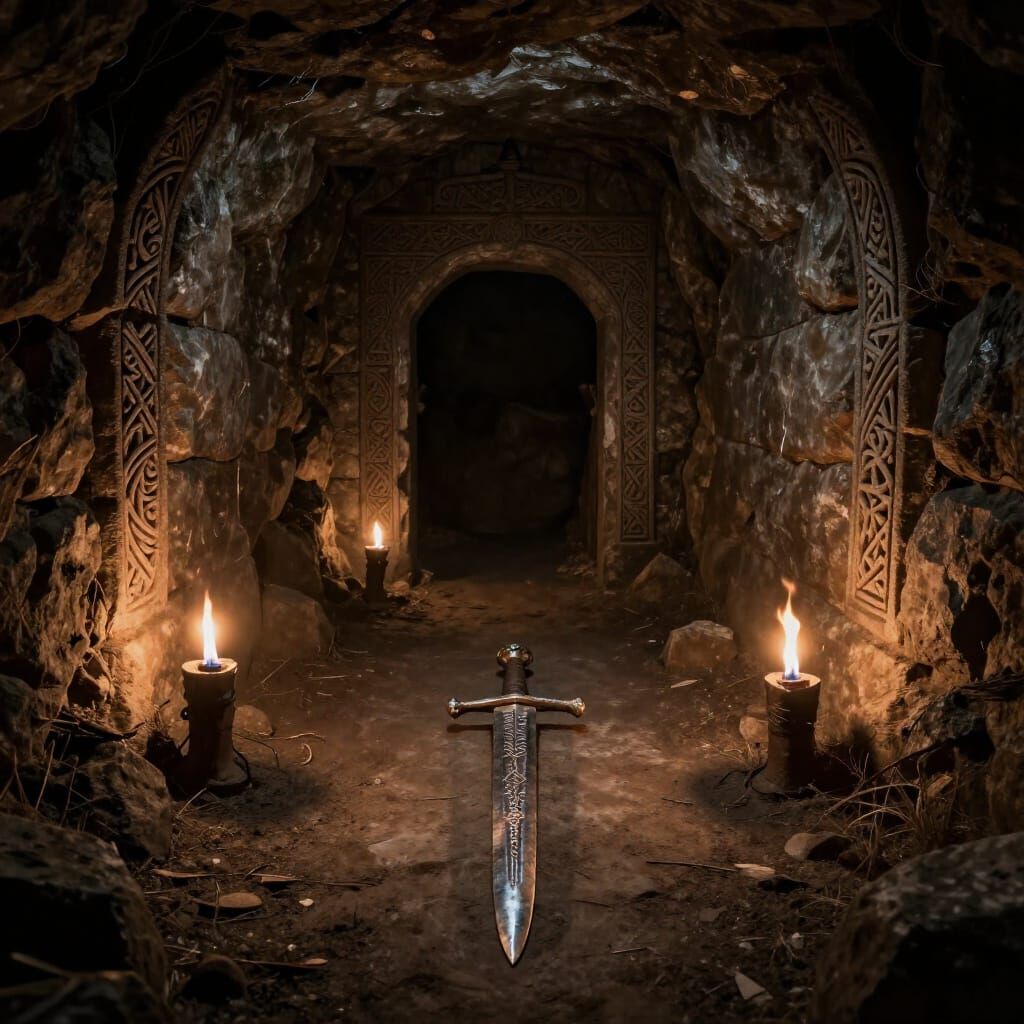 Nordic Tomb Entrance with Ancient Sword in Dark Fantasy Styl...