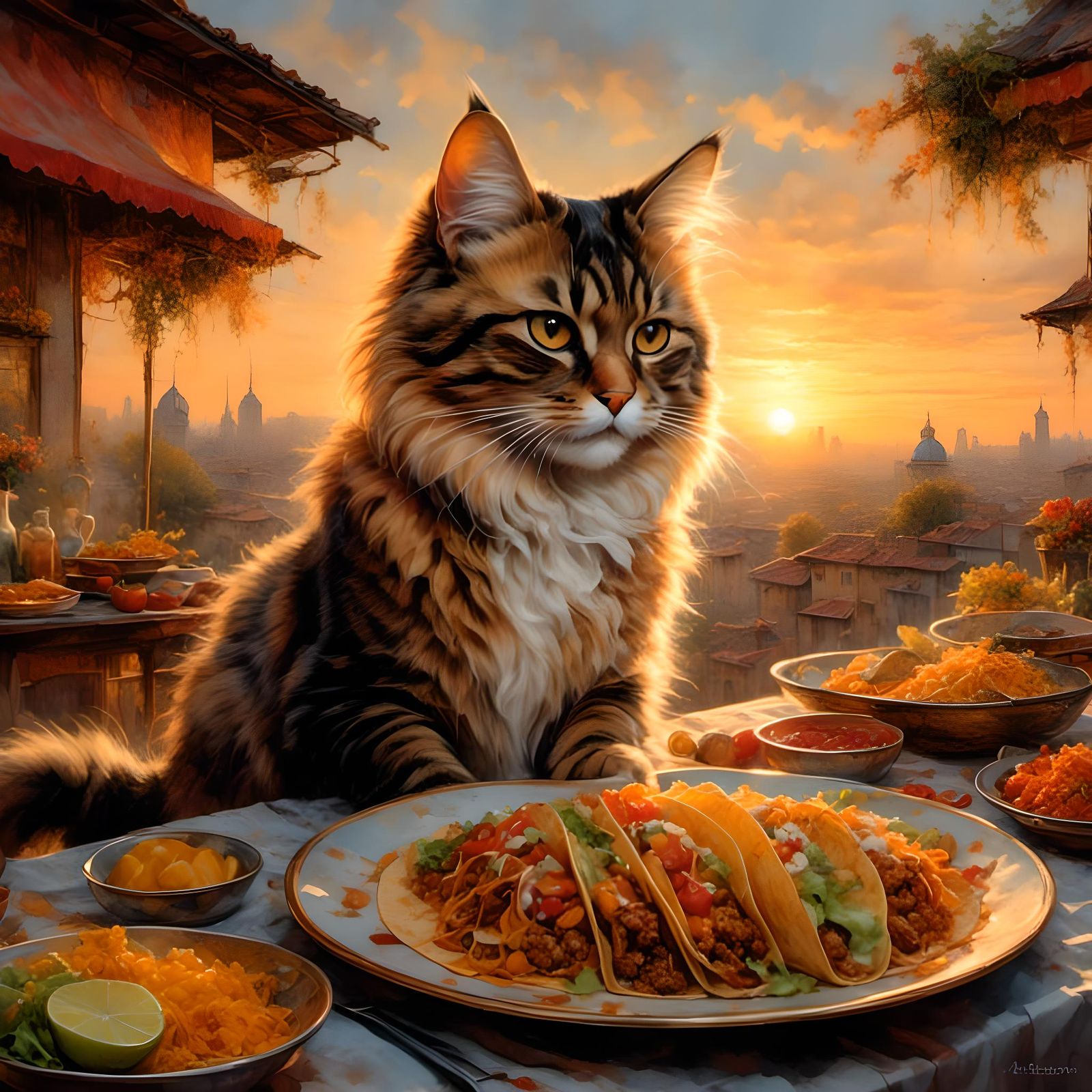 Fluffy Cat Enjoys Tacos in Watercolor Comic Style