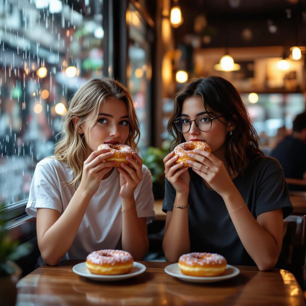 Teenage Girls Enjoy Donuts in Rainy Cafe