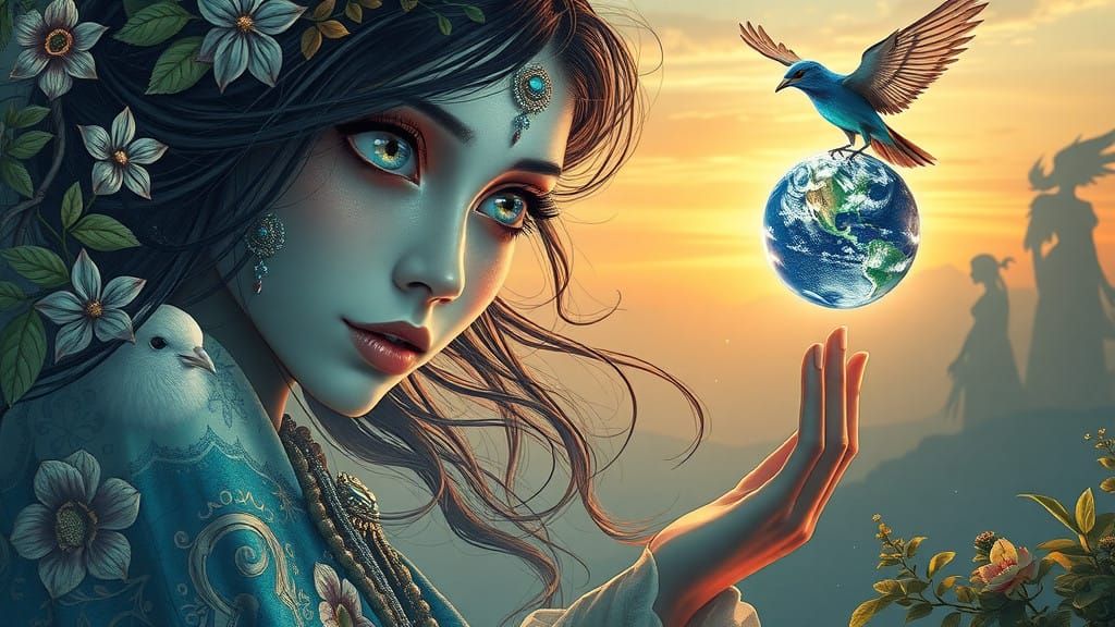 Mythical Sorceress in Dreamlike Realms with Porcelain Featur...