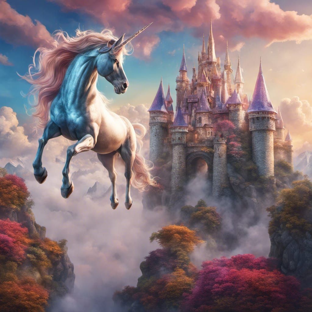 Hyperrealistic Unicorn Castle in the Clouds