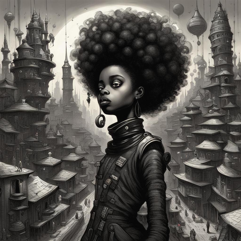 Gothic Girl in Futuristic City, Doré Style