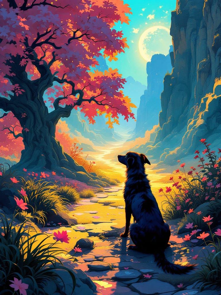 Dog Guards Vanished Trail in Ethereal Victorian Glow