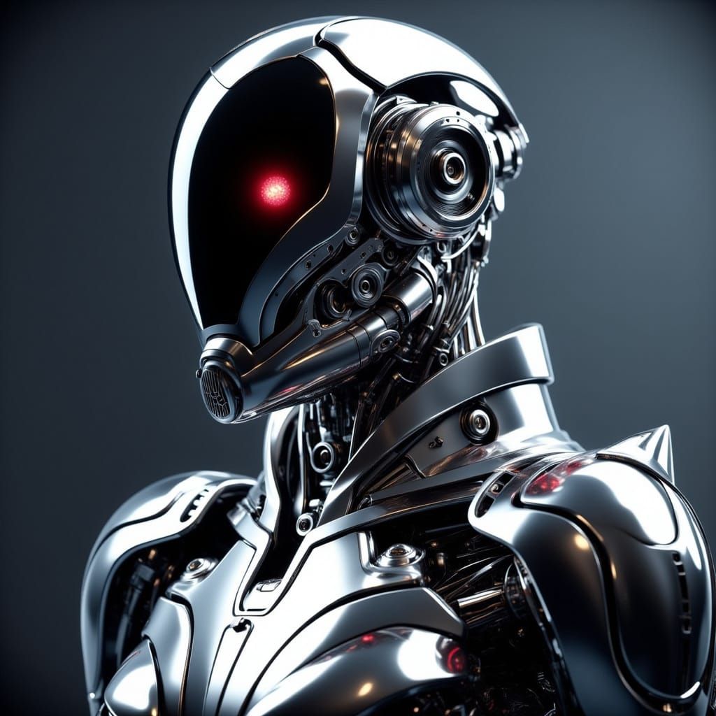 Sleek, Futuristic Cylon in Chrome-Plated Exoskeleton