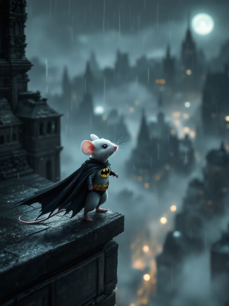 Tiny Mouse Channels Dark Knight Spirit in Moody Gotham Citys...