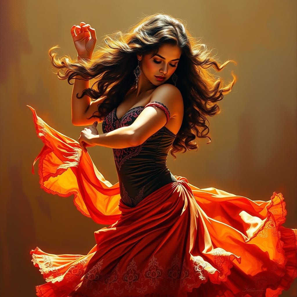 Dramatic Flamenco Dancer in Impressionist-Inspired Oil Paint...