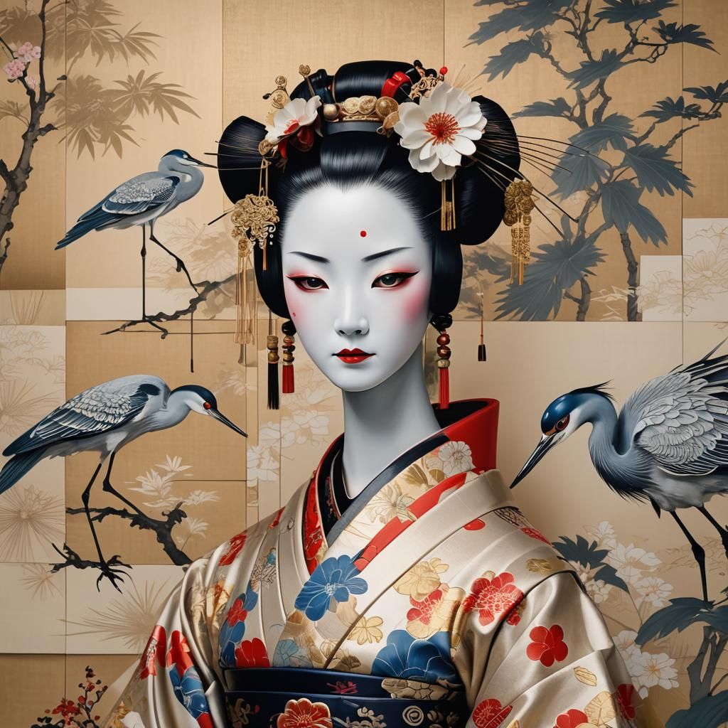 Robot Geisha in Traditional Costume with Heron Motif
