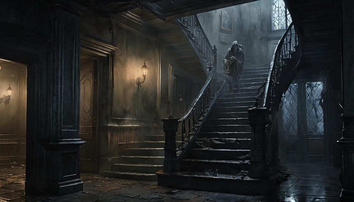Ethereal Figure Roams Stairs in Dark Fantasy Style
