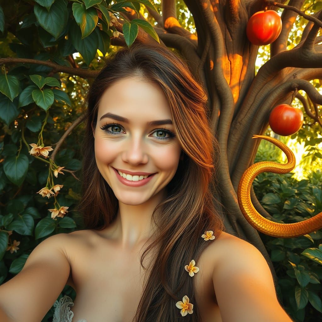 Sensual Paradise Goddess in Soft Focus, with Golden Serpent