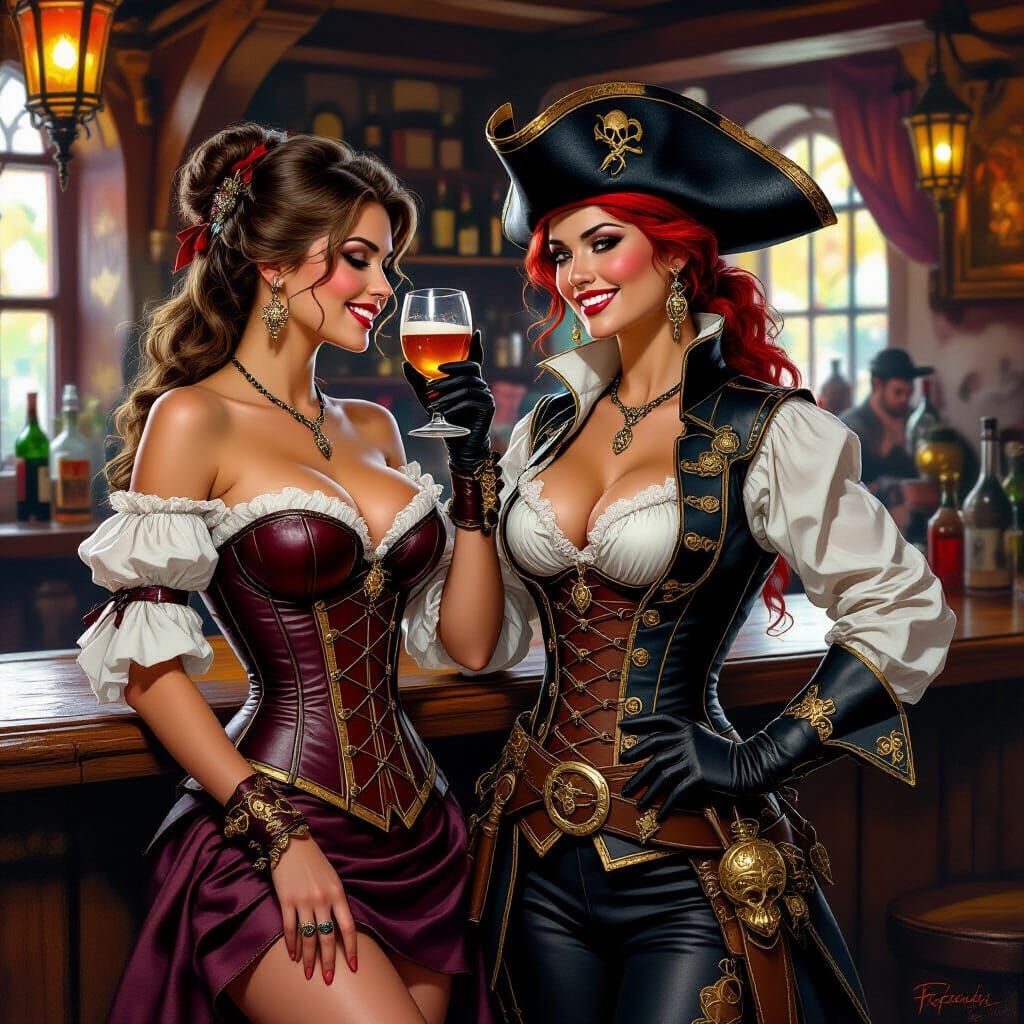 Barmaid and Pirate Captain in Fantasy Oil Painting