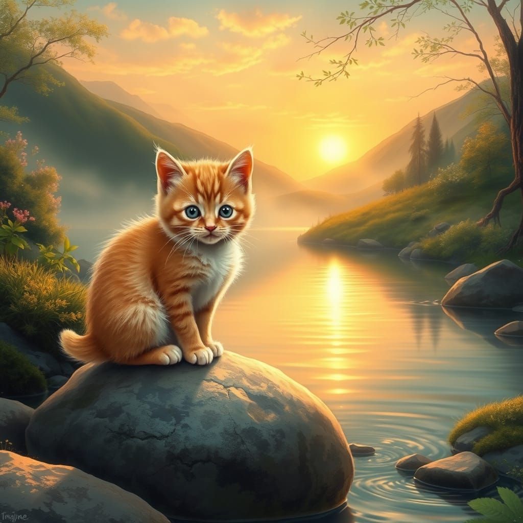 Orange Tabby Kitten by Stream in Fantasy Style