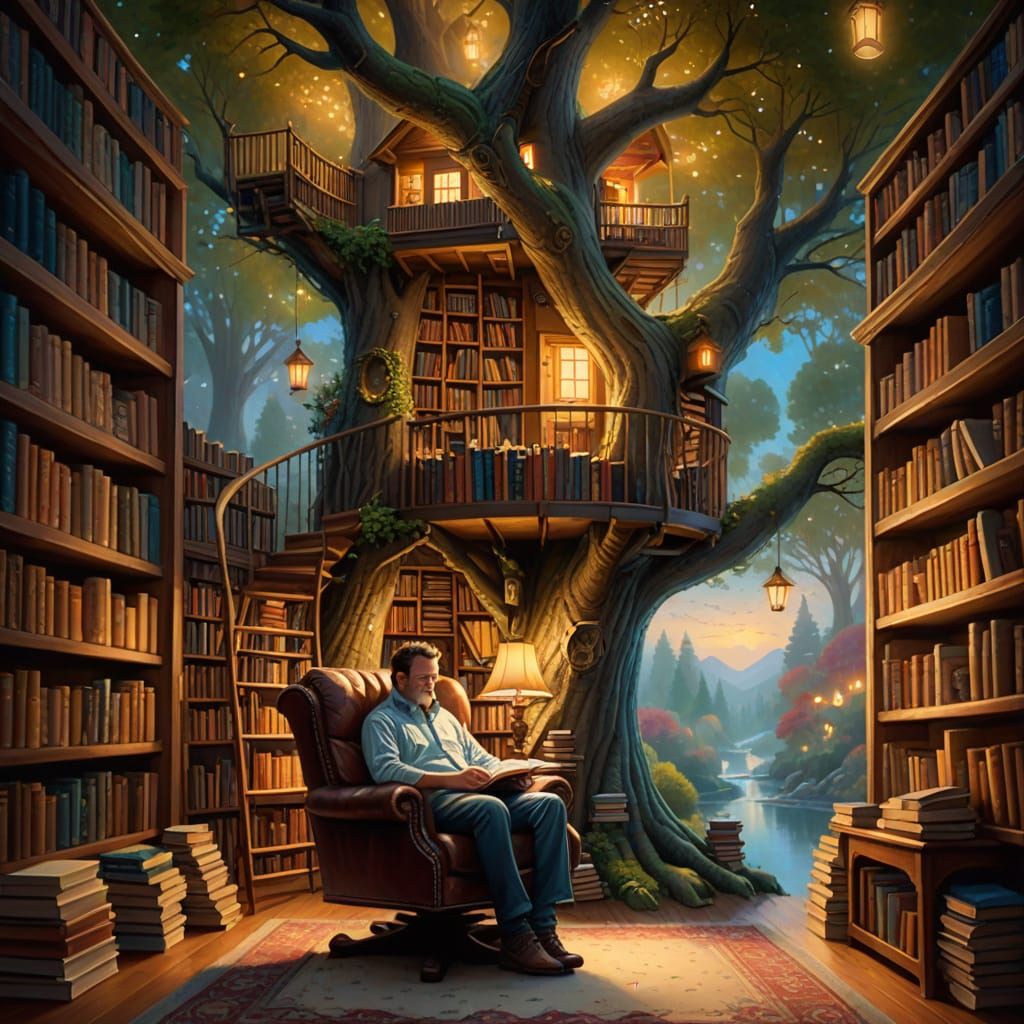 Cozy Treehouse Library with Comfy Chair in Golden Light