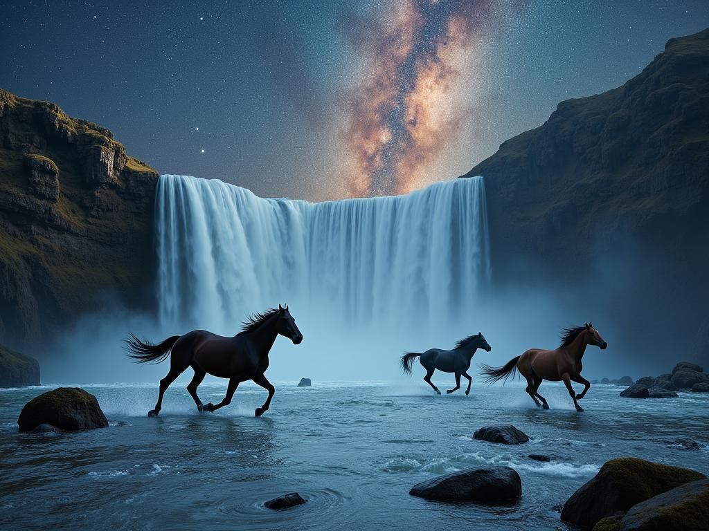 Celestial River with Wild Horses in Galaxy