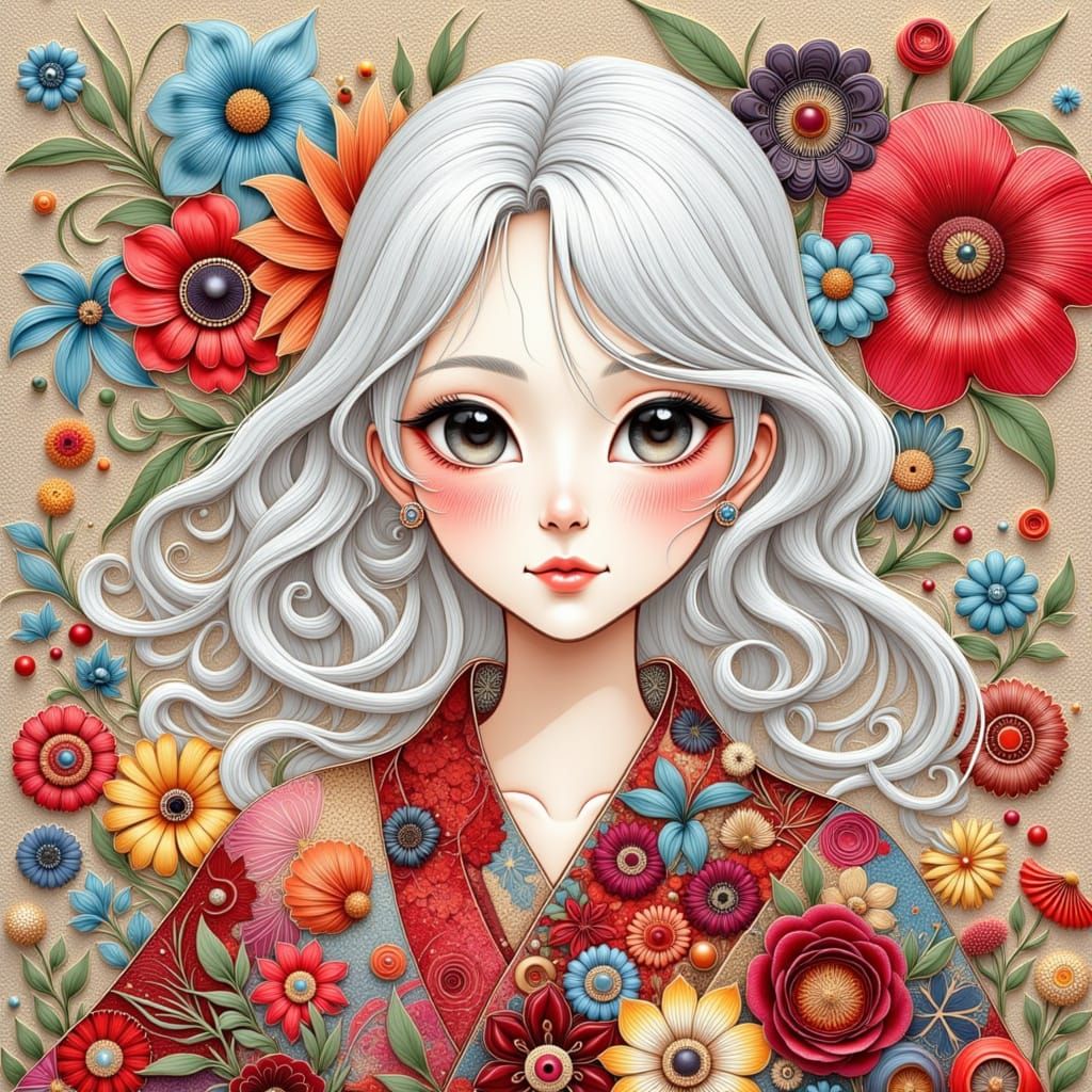 Sashiko Embroidery Portrait of a Young Woman