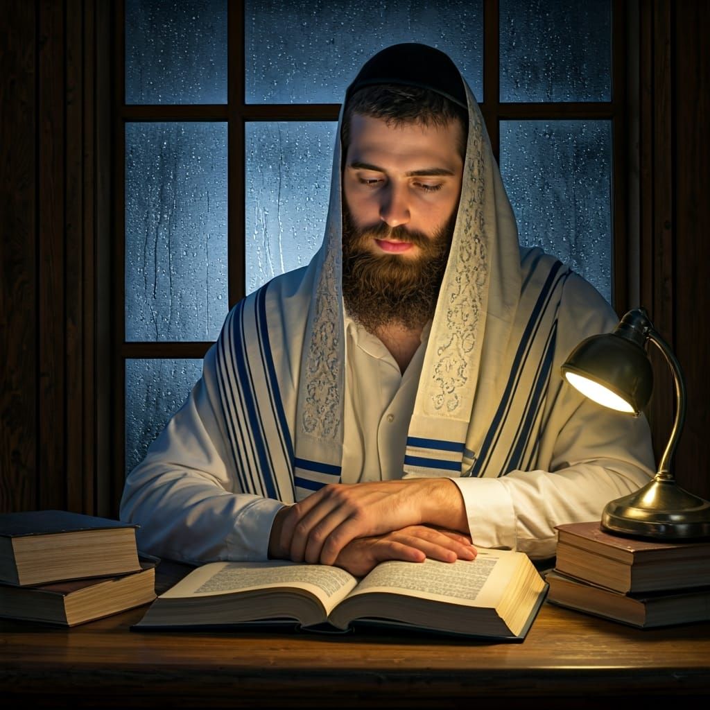 Yeshiva Student Studying in the Style of Golden Age Illustra...