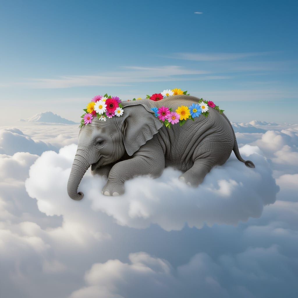 Sleeping Baby Elephant with Flowers on Clouds