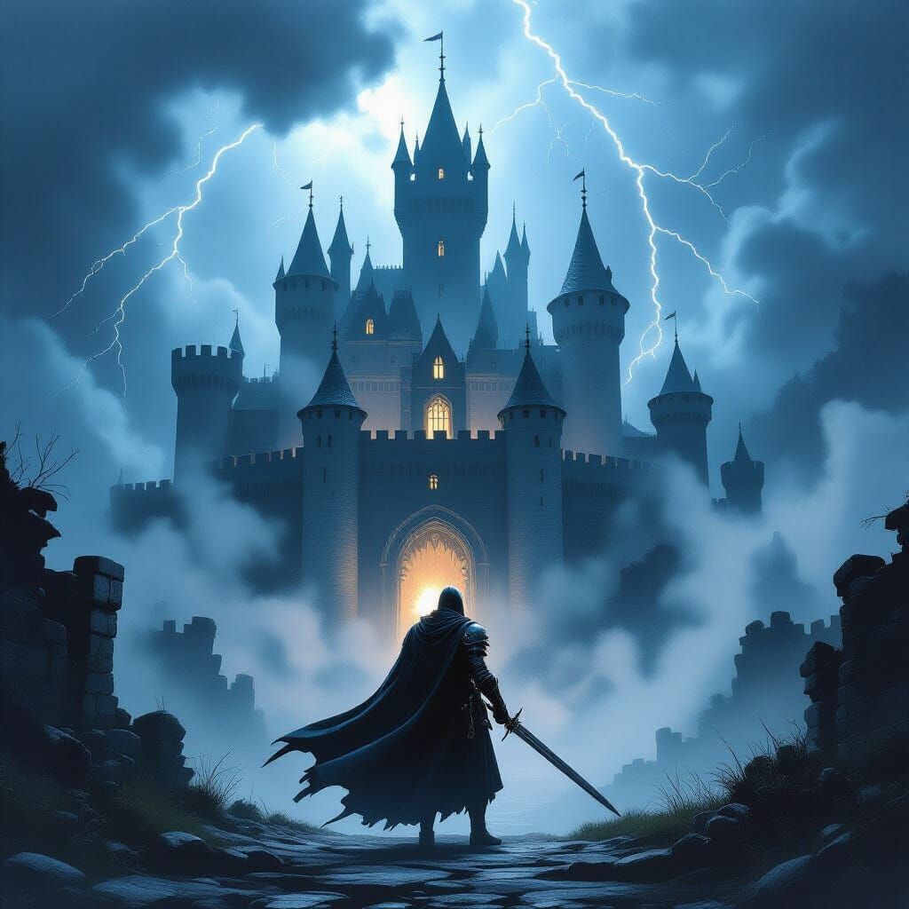 Misty Castle with Knight Under Lightning Storm
