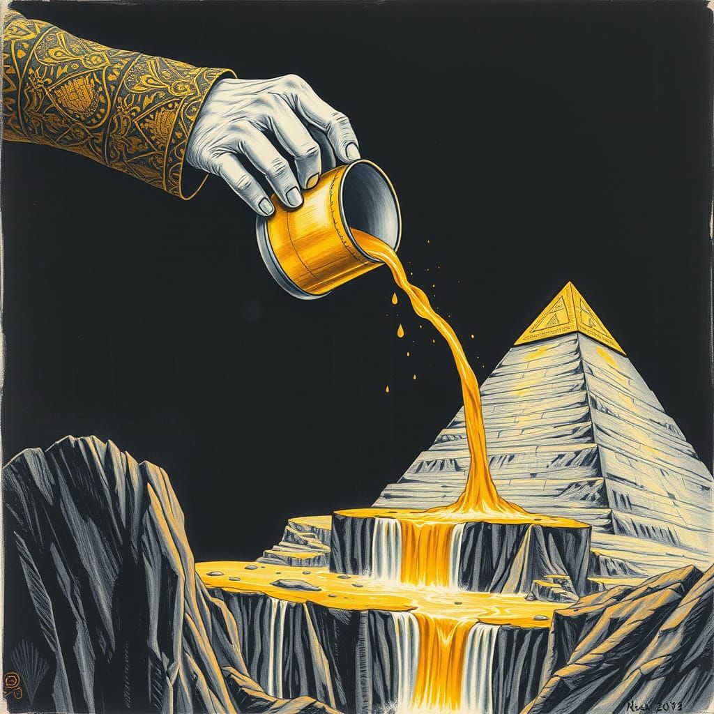 Golden Rivers Cascade into a Pyramid: Surreal Illustration