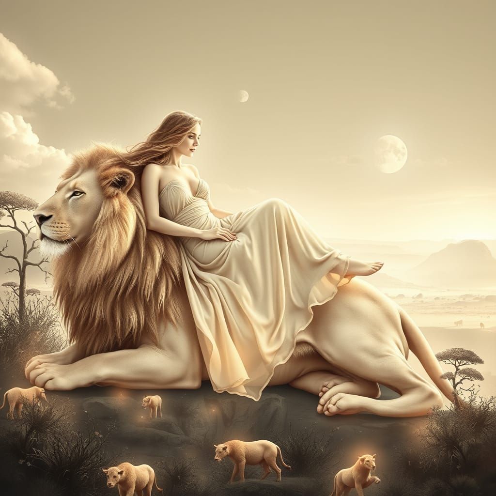 Aphrodite on Luminous Lion in Pastel Watercolor