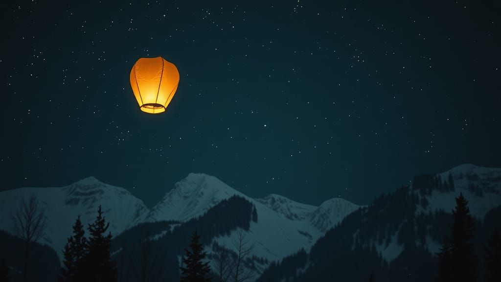 Paper Lantern Drifts Above Snowy Mountain Range