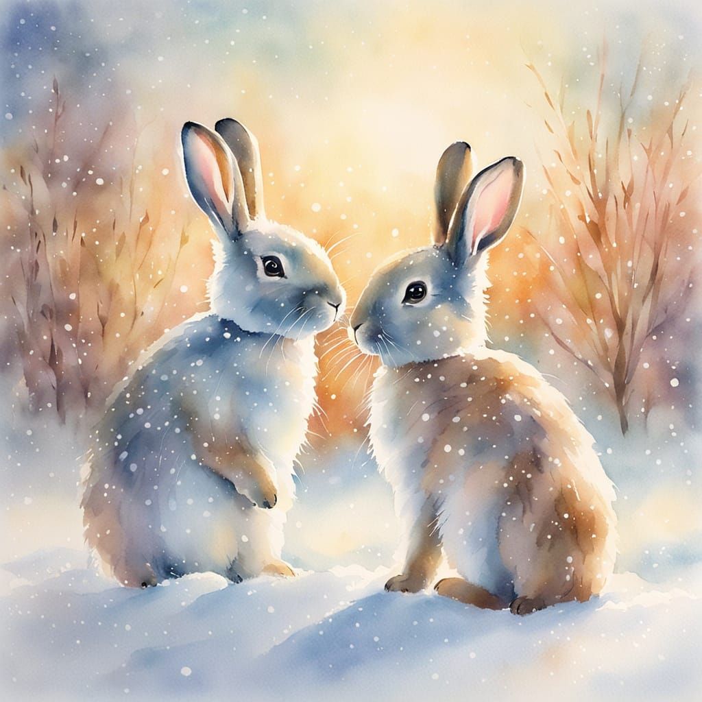 Whimsical Watercolour Bunnies in Snowy Serenity
