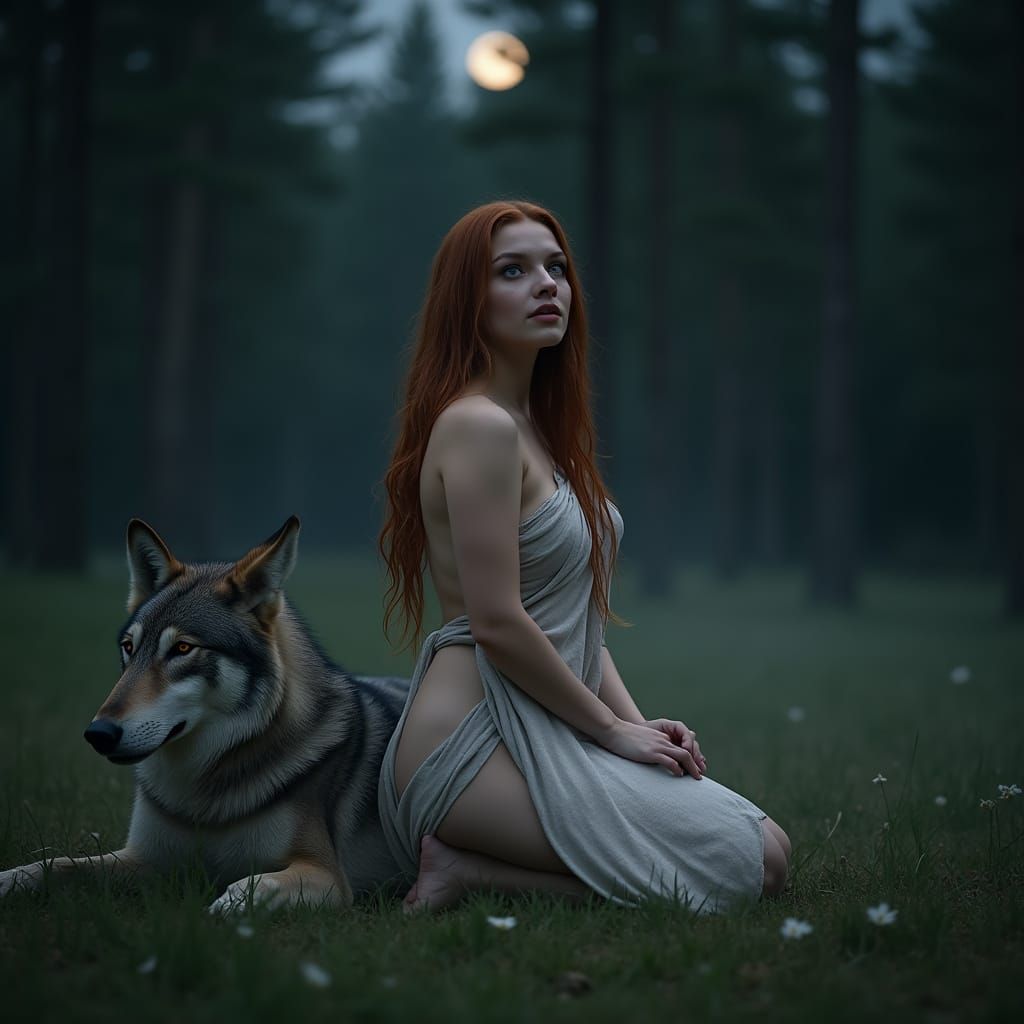 Mystical Slavic Woman with Wolf in Moonlit Forest