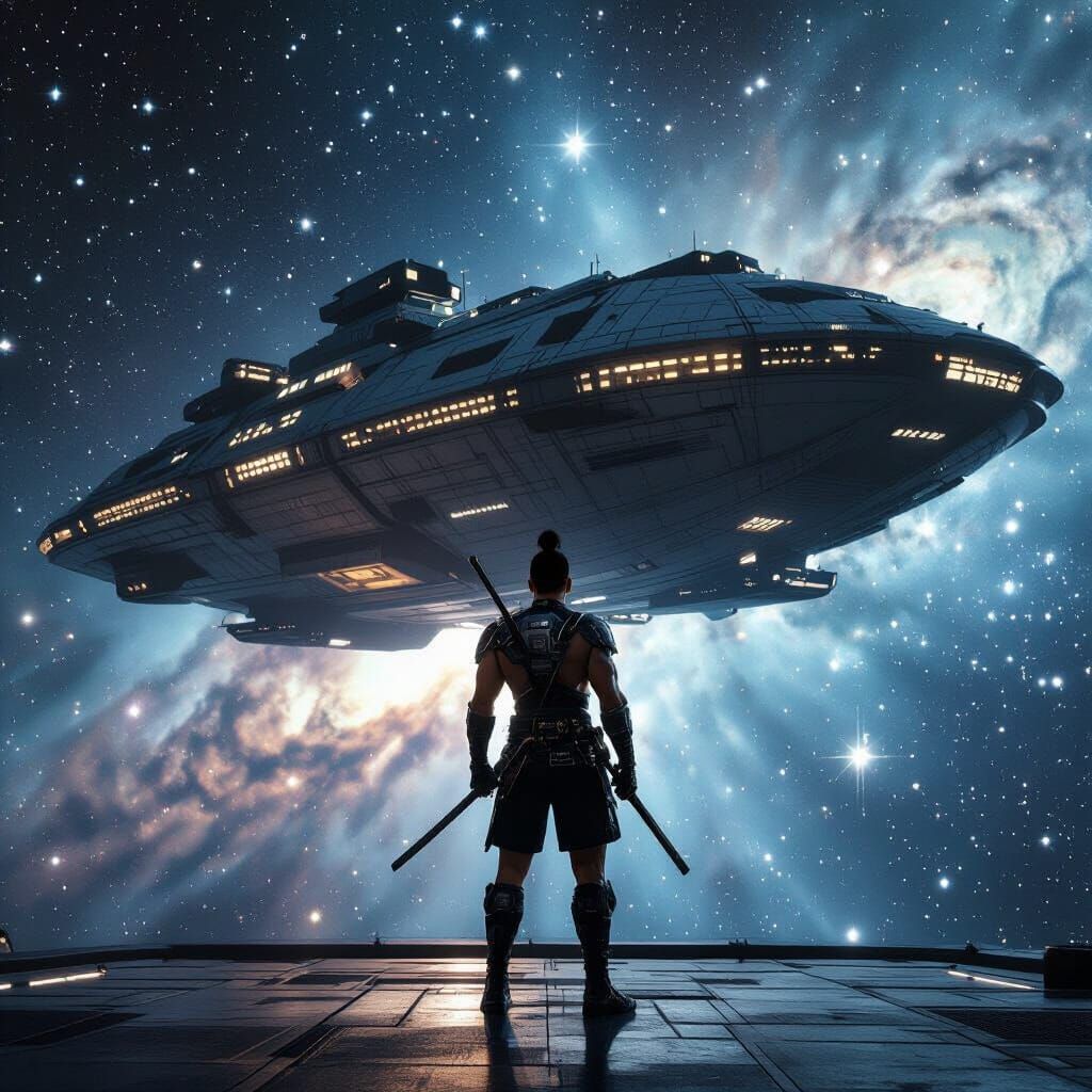 Ancient Spaceship Piloted by Futuristic Samurai in Deep Spac...