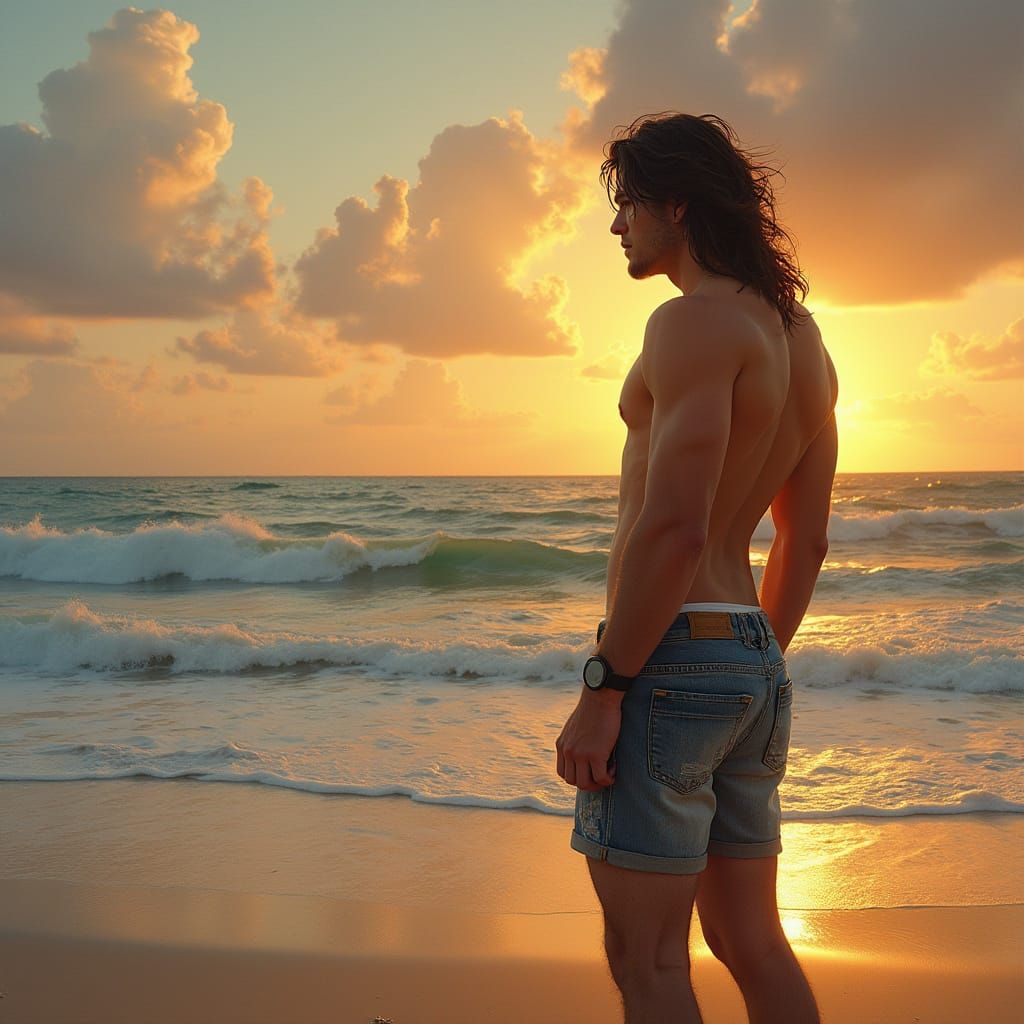 Tall, Muscular Man Stands Alone on Serene Beach at Sunset
