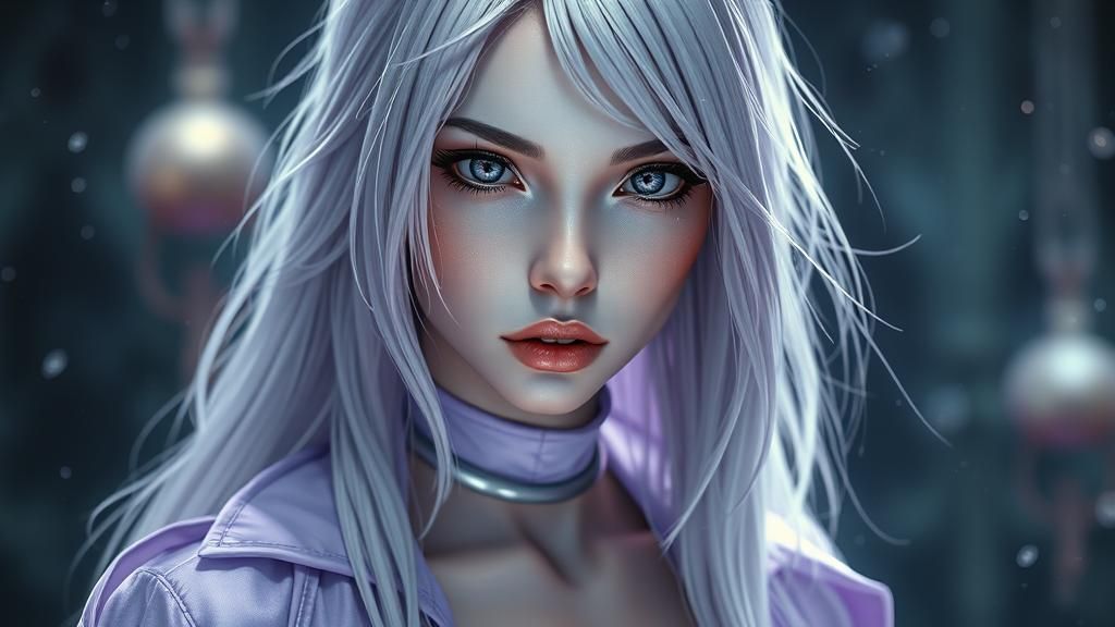 Vampiress Portrait with Silver Hair, Detailed Fantasy Art