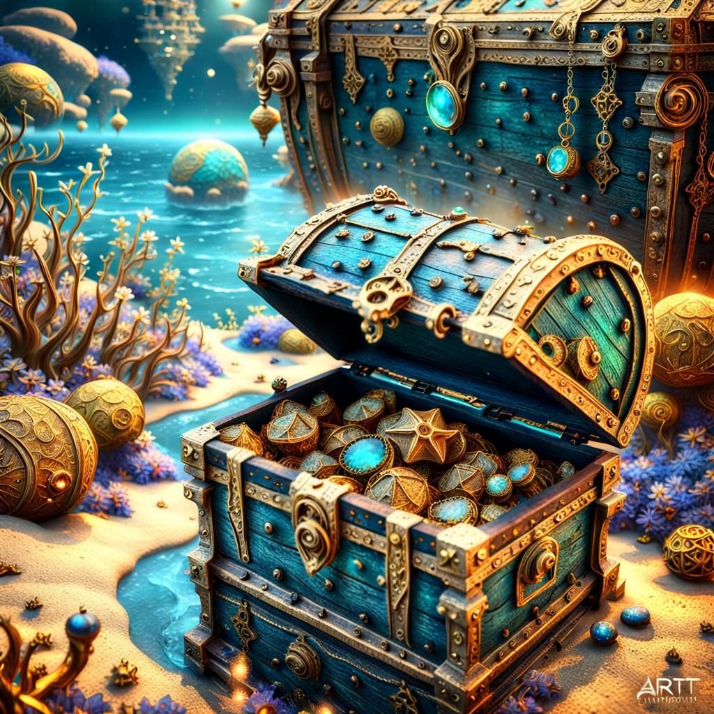 Cosmic Treasures in Rusty Chest by the Sea