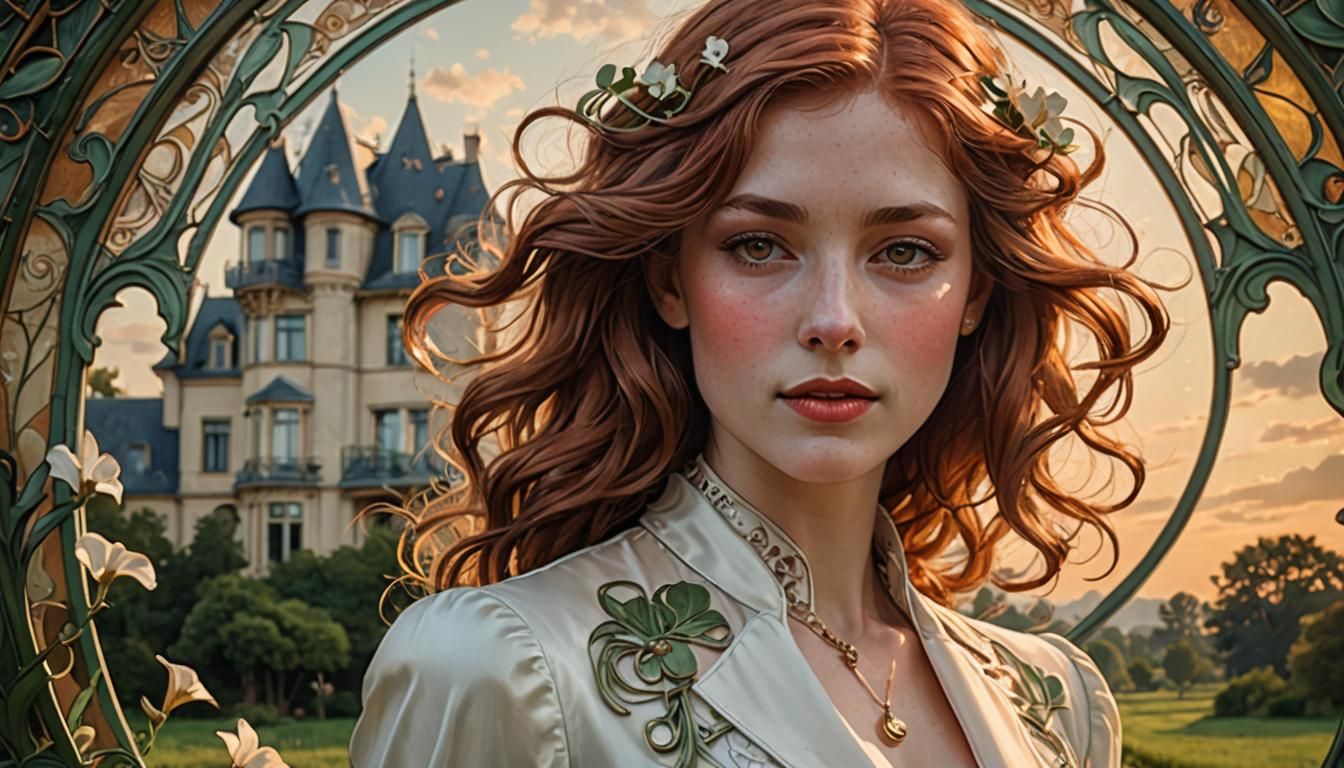 Art Nouveau Portrait of Auburn-Haired French Lady