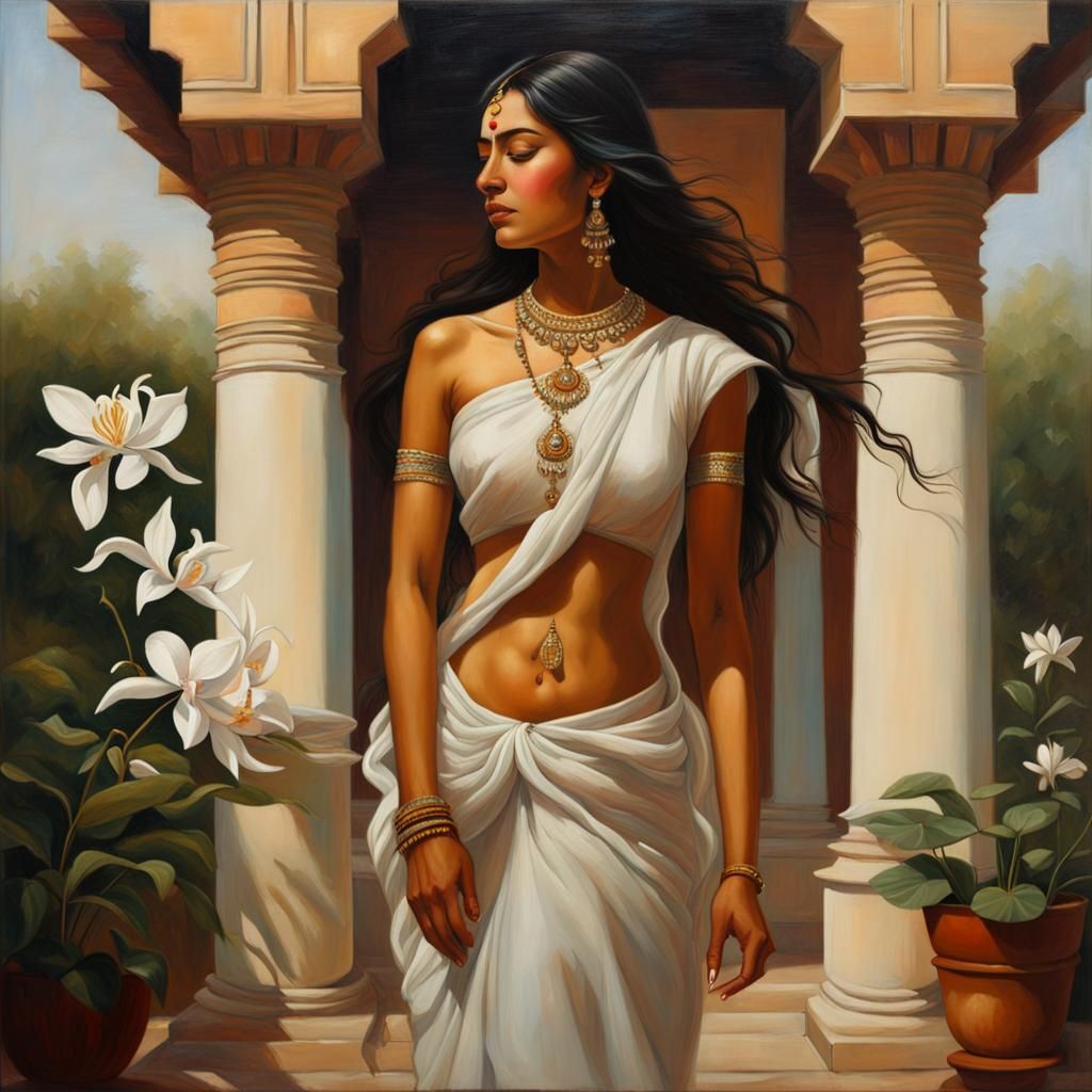 Bronze Woman in White Dress in Indian Garden