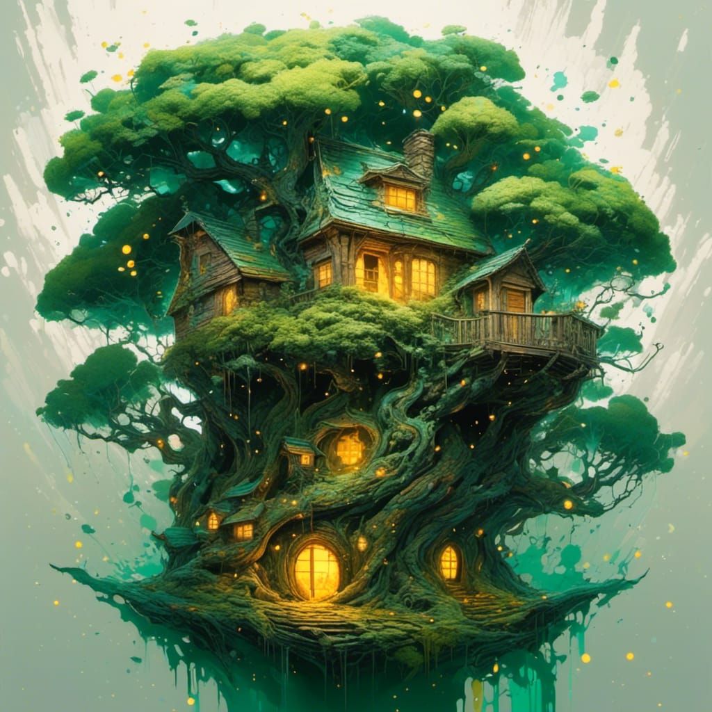 Enchanted Treehouse Aglow with Fireflies, Graffiti Art