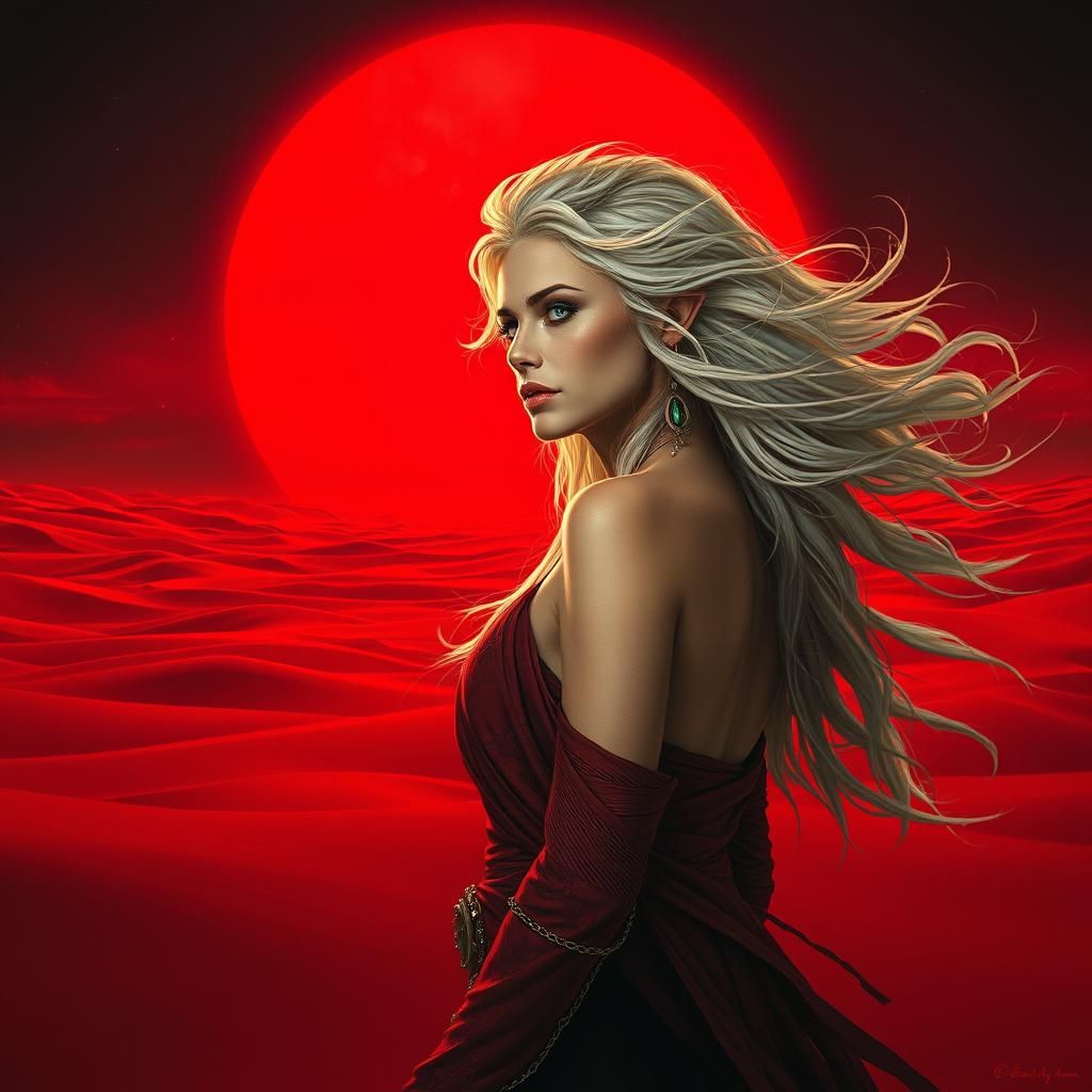 Elven Wind Witch in Ominous Desert Landscape