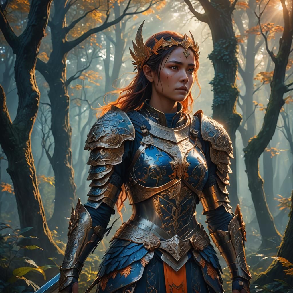 Armored Warrior Woman in Mystical Anime Forest