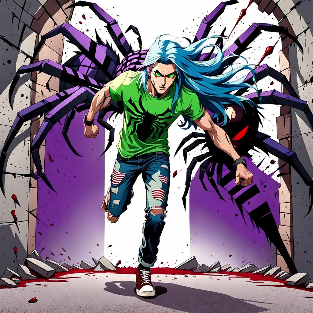 Young Man Running From Spider in Dystopian Landscape